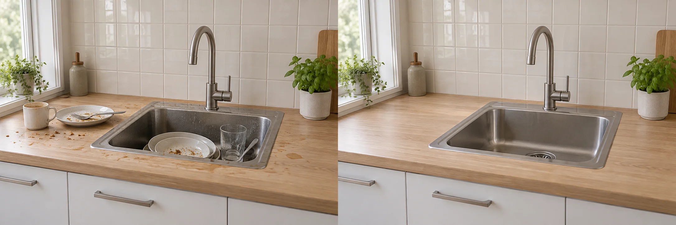 Illustration of a clean kitchen sink and countertop